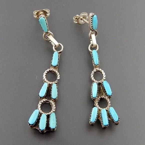SOLD Boho String Blue & Silver Tone Beaded Stud Earrings - Picture 2 of 7